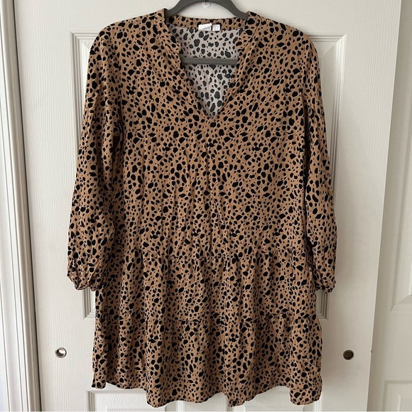 Gap Womens Dress Small Leopard Brown Puffed Sleeve Tiered Tunic Peplum Flowy - Picture 5 of 17